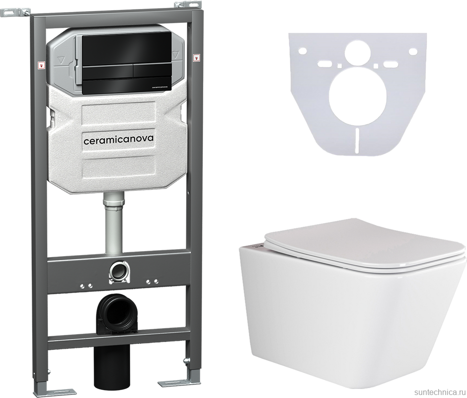Комплект Унитаз подвесной Ceramicanova Metric CN3007 с микролифтом, безободковый + Иинсталляции Envision CN1002B + Кнопка Flat, черная матовая