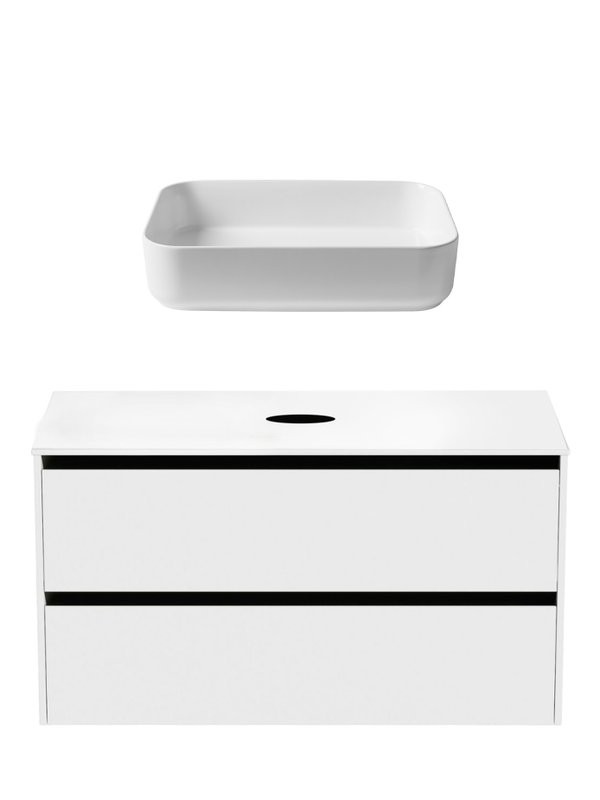 Тумба с раковиной Allen Brau Activity 120 с подсветкой, матовый белый, черный браш, столешница белая, раковина Fantasy Quad 50x36, белая