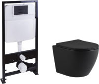 Комплект Унитаз подвесной SantiLine SL-5025MB безободковый, с микролифтом, система смыва Tornado + Инсталляция SantiLine SL-03 с черной кнопкой смыва