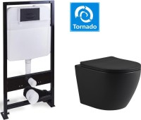 Комплект Унитаз подвесной SantiLine SL-5025MB безободковый, с микролифтом, система смыва Tornado + Инсталляция SantiLine SL-03 с черной кнопкой смыва