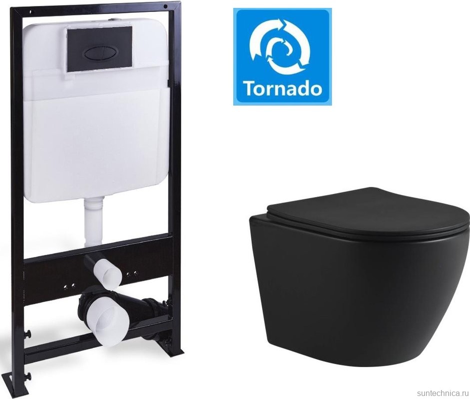 Комплект Унитаз подвесной SantiLine SL-5025MB безободковый, с микролифтом, система смыва Tornado + Инсталляция SantiLine SL-03 с черной кнопкой смыва