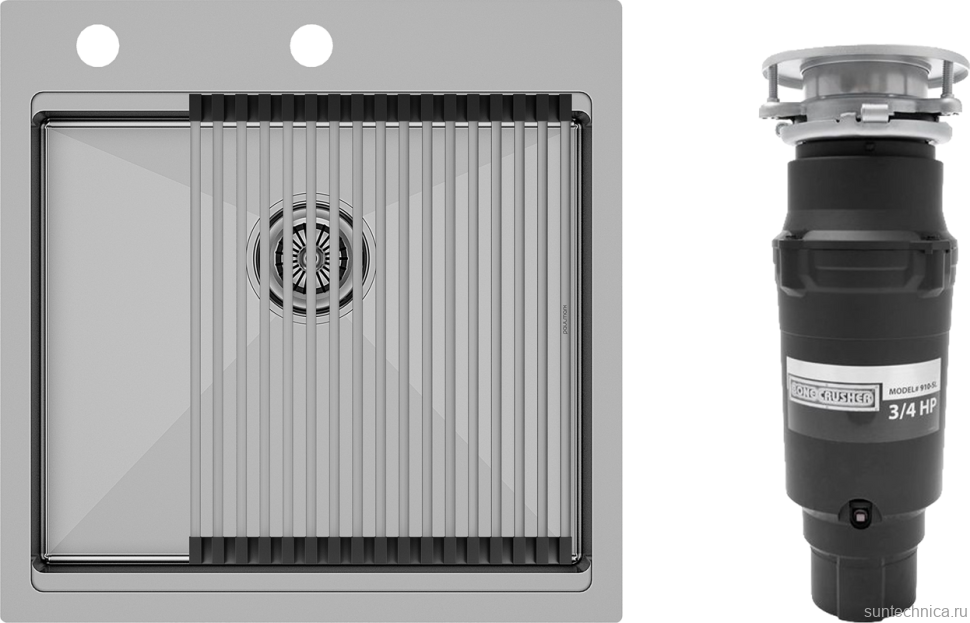 Комплект Мойка Paulmark Kroner + Pro PM705151-BS+R405-BS брашированная сталь + Измельчитель Bone Crusher BC 910-SL-Slim Line