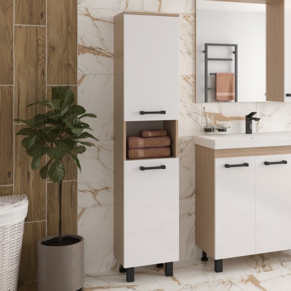 Шкаф пенал для ванной Misty Крафт белый, светлое дерево