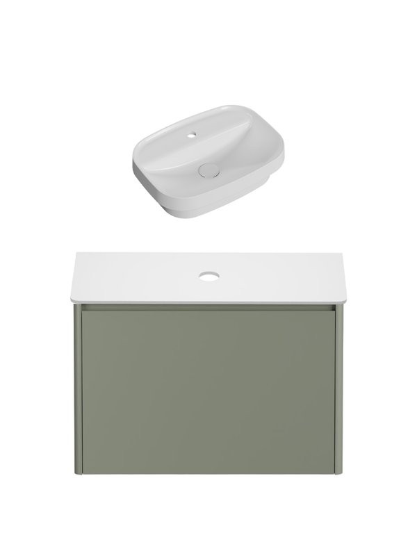 Тумба с раковиной Allen Brau Gravity 80 1 ящик, матовая олива, столешница белая, раковина Fantasy Sphere 55x40, белая