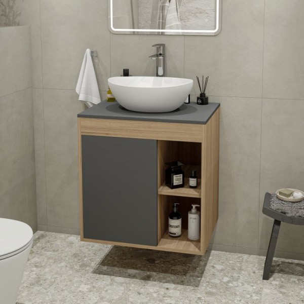 Тумба с раковиной Teymi Nura 60 дуб эврика, матовый графит, раковина Lori 40