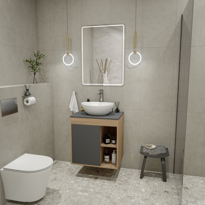 Тумба с раковиной Teymi Nura 60 дуб эврика, матовый графит, раковина Lori 40