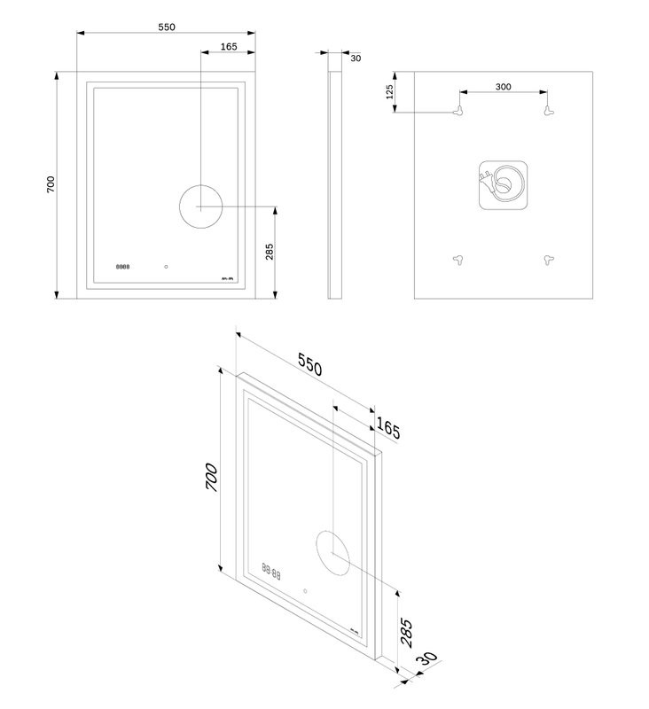 Зеркало AM.PM Gem 55 с LED-подсветкой, часами и косметическим зеркалом