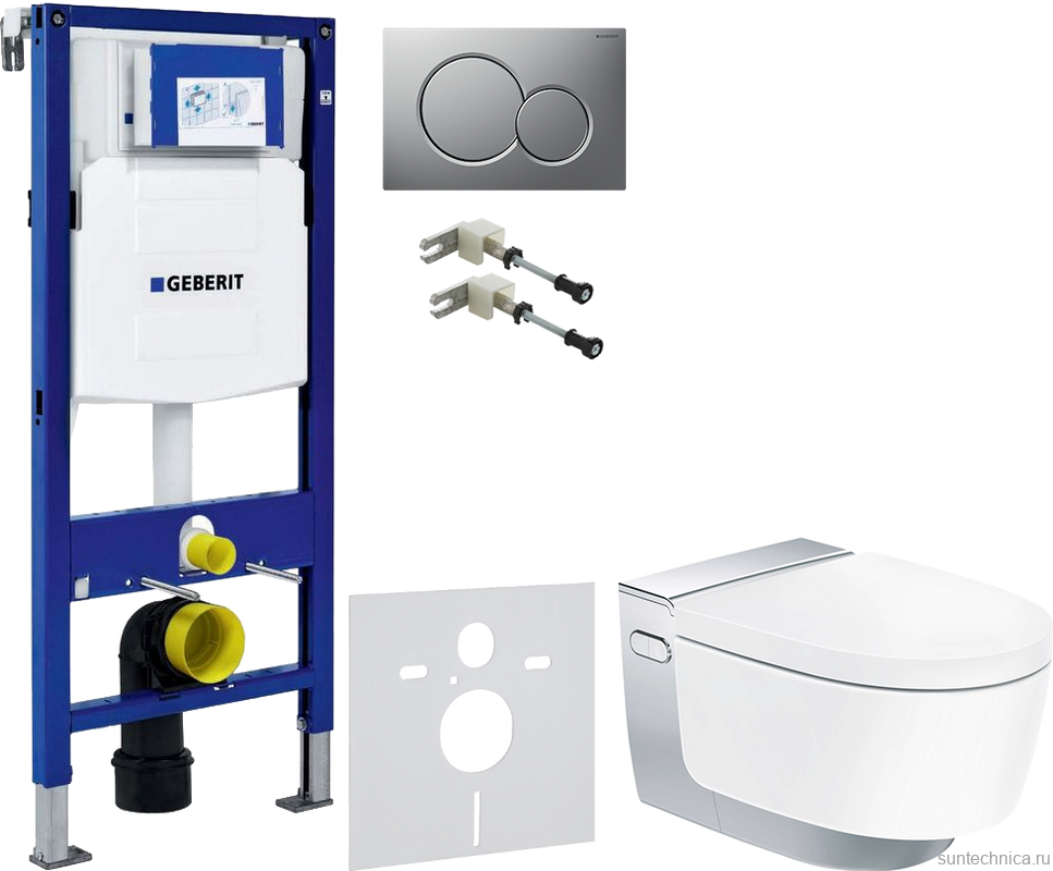 Комплект Умный унитаз Geberit AquaClean Mera Comfort 146.214.21.1 с системой удаления запахов, глянцевый хром + Крепления Duofix 111.815.00.1 к стене + Звукоизоляция + Инсталляция UP 320 111.300.00.5 + Кнопка Sigma 01 115.770.JQ.5 лакированная, матовый хр