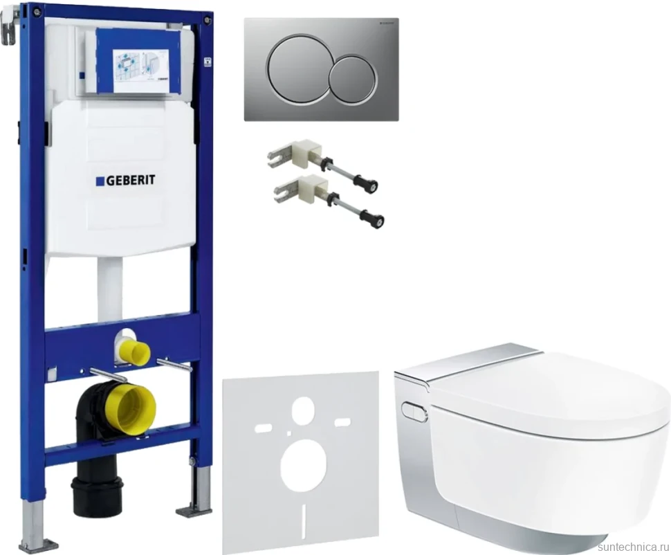 Комплект Умный унитаз Geberit AquaClean Mera Comfort 146.214.21.1 с системой удаления запахов, глянцевый хром + Крепления Duofix 111.815.00.1 к стене + Звукоизоляция + Инсталляция UP 320 111.300.00.5 + Кнопка Sigma 01 115.770.JQ.5 лакированная, матовый хр