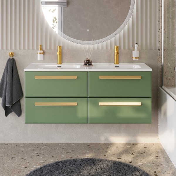 Тумба с раковиной Cezares Eco Cer-N 120 4 ящика, фисташковый софт, раковина Duet 120, двойная, ручки сатиновое золото