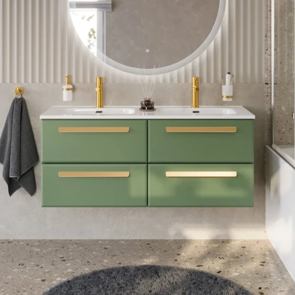Тумба с раковиной Cezares Eco Cer-N 120 4 ящика, фисташковый софт, раковина Duet 120, двойная, ручки сатиновое золото