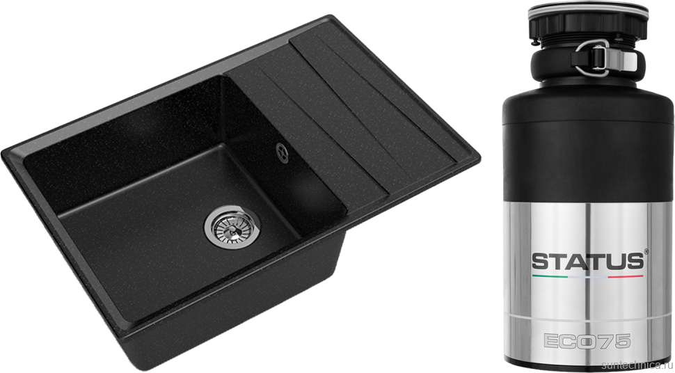 Комплект Мойка GranFest Level GF-LV-760L черная + Измельчитель Status ECO 75