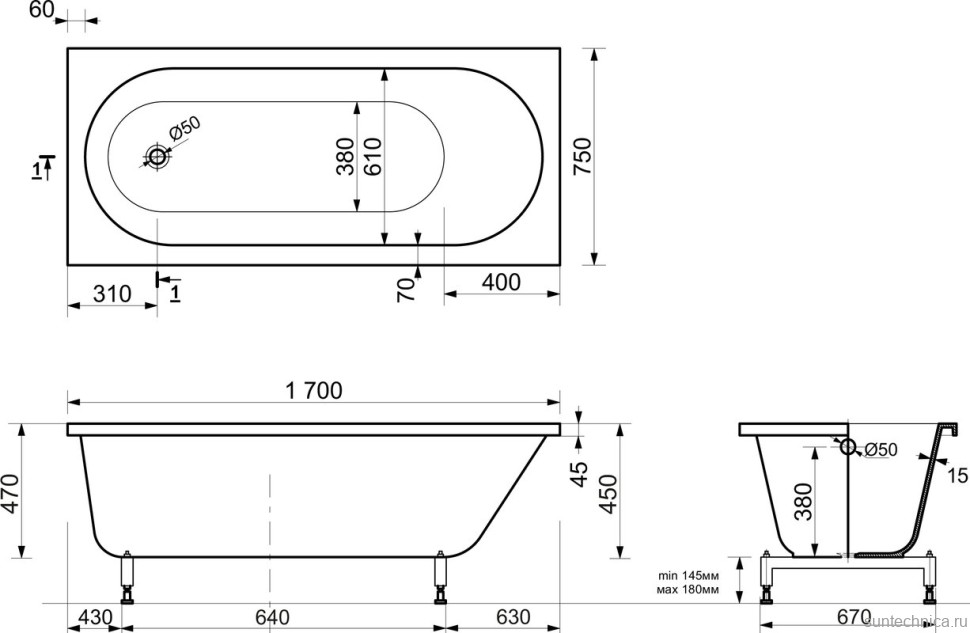 Ванна из искусственного камня Эстет Честер 170x75 см, пристенная, на ножках