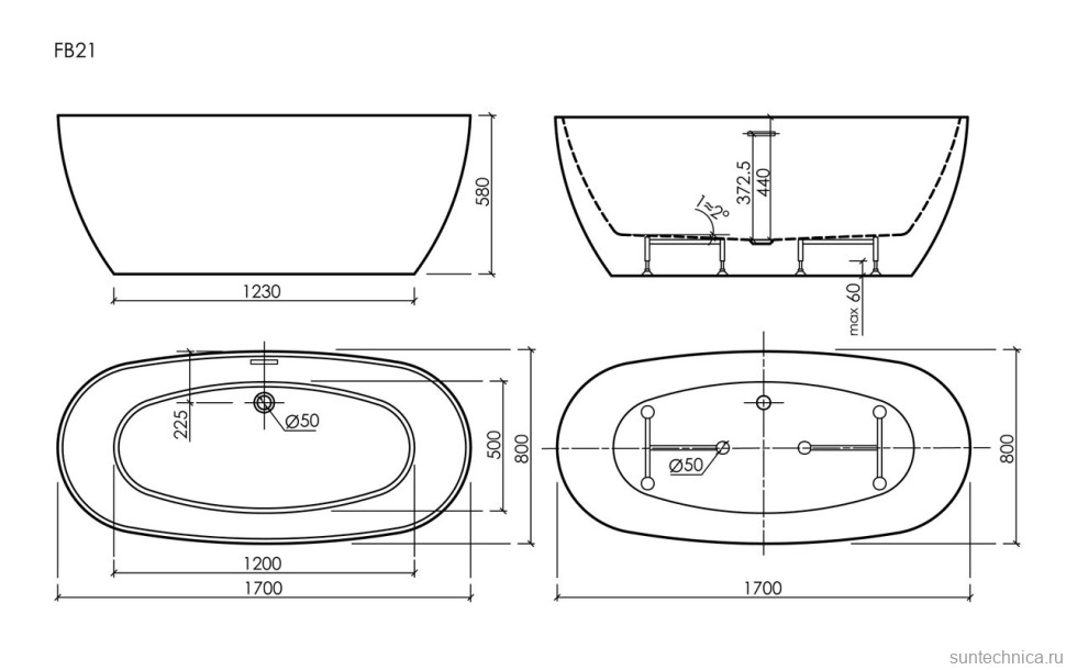 Акриловая ванна Oval 1700x800x580, отдельностоящая, FB21