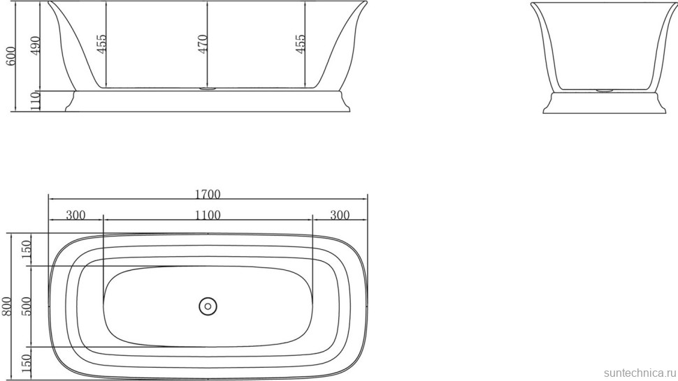 Акриловая ванна BelBagno BB400-1700-800 без опоры 170x80 см, отдельностоящая, белая, овальная, со сливом-переливом