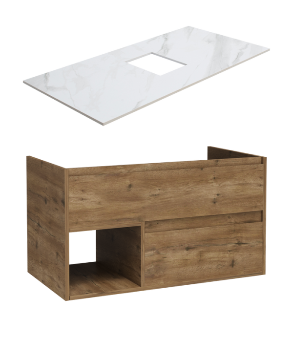 Тумба под раковину со столешницей STWORKI Карлстад 90 дуб рустикальный, монте тиберио
