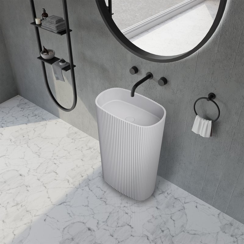 Раковина напольная Abber Stein AS2502-H 55 матовая белая, овальная, моноблок, искусственный камень