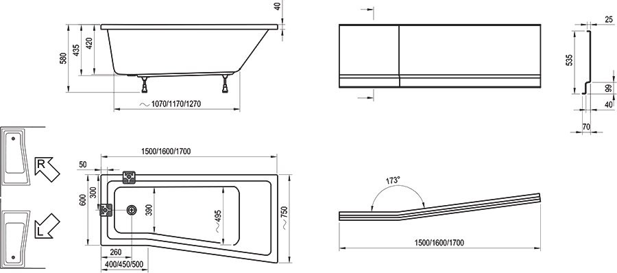 Акриловая ванна Ravak BeHappy II L 160x75 см, левая, пристенная, белая, асимметричная, на ножках