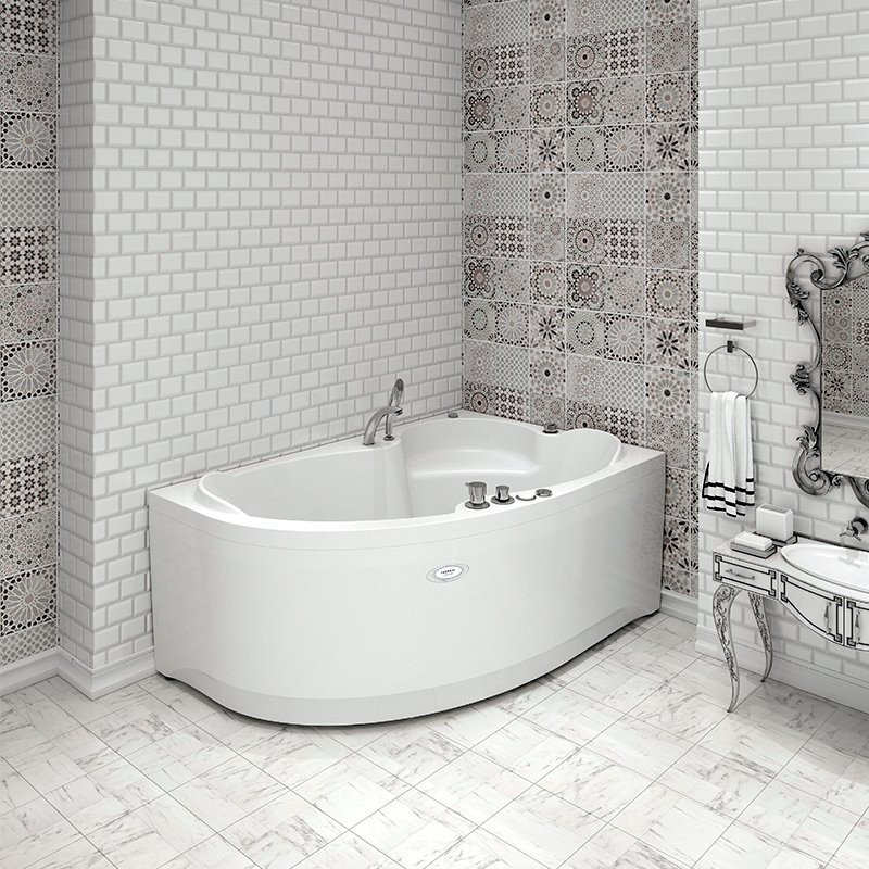 Акриловая ванна Radomir Vannesa Massage Ирма баланс, R 160x105 см, угловая, правая, пристенная, с гидромассажем, белая, асимметричная, с каркасом, с экраном, с сиденьем, со сливом-переливом