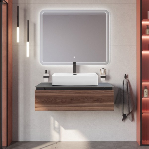 Мебель для ванной комнаты Cezares Slider 100 подвесная, 1 ящик, дымчатый орех, со столешницей marmo nero opaco