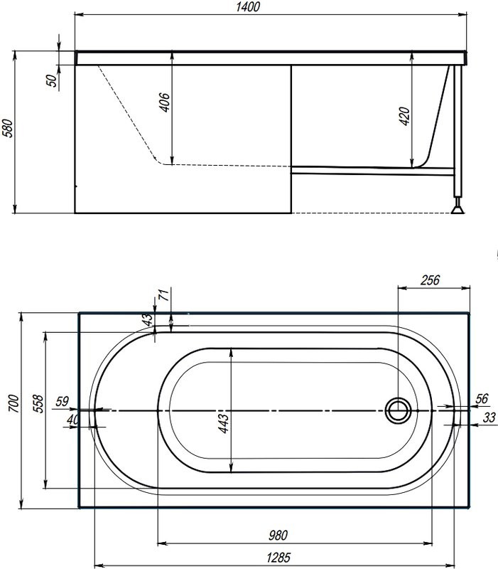 Акриловая ванна Alex Baitler Baikal 140x70 см, встраиваемая, белая, с экраном