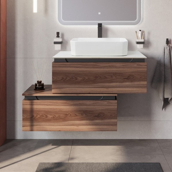 Тумба с раковиной Cezares Slider 80 подвесная, 2 ящика, дымчатый орех, со столешницей bianco opaco