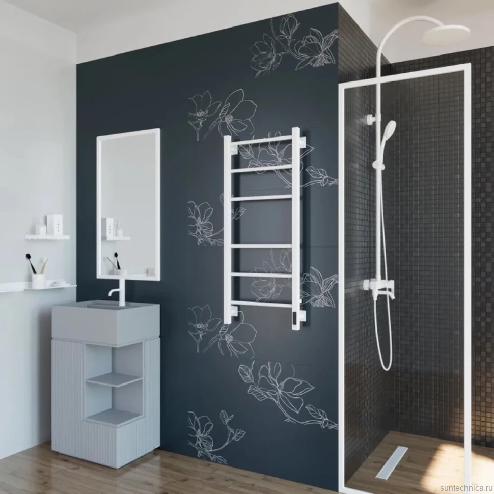 Полотенцесушитель электрический Grota Costa 430х1000 RAL9016 EL 100x45 см, подключение справа, слева, скрытое подключение справа, матовый белый, лесенка, из стали