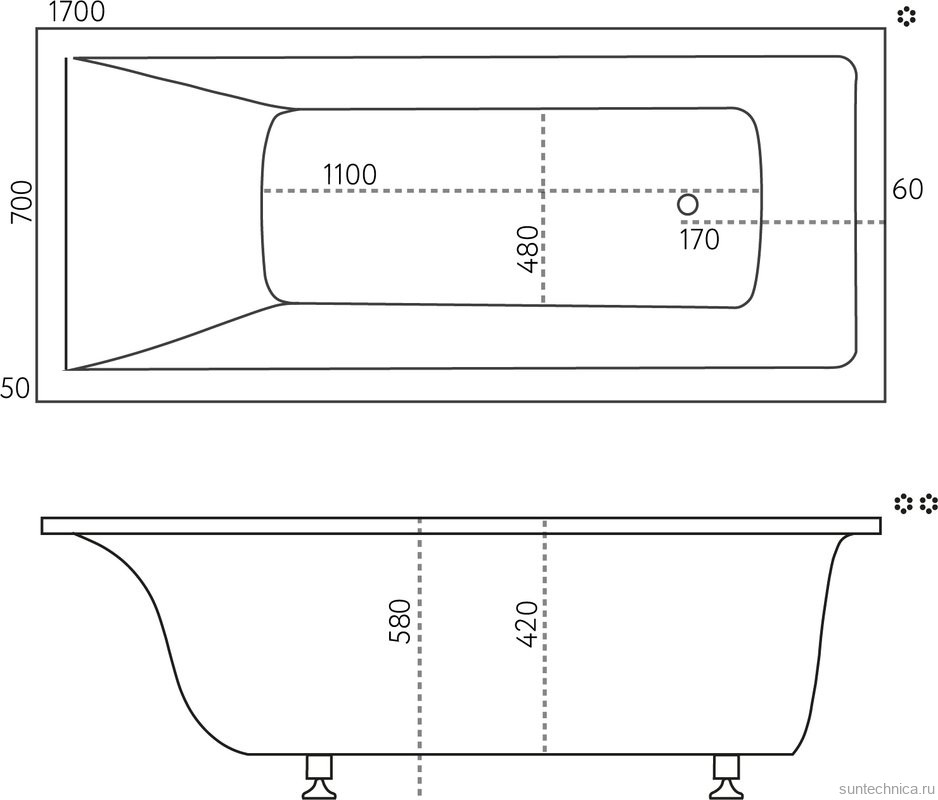 Ванна из искусственного камня Marmo Bagno Алесса 170x70 см, встраиваемая, белая, на ножках