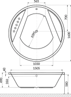 Акриловая ванна Excellent Great Arc Ultra 160x160 см, встраиваемая, с гидромассажем, белая, круглая, с каркасом, со сливом-переливом, фурнитура золото