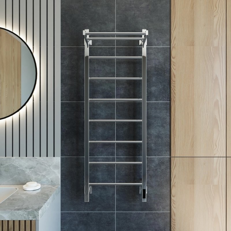 Полотенцесушитель электрический Grota App 430х1200 NP EL 120x45 см, подключение справа, слева, скрытое подключение справа, глянцевый хром, лесенка, с полкой