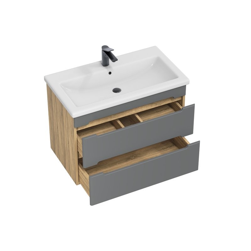 Тумба с раковиной SanStar Diva 70 подвесная, графит софт, дуб вотан, раковина Como 70