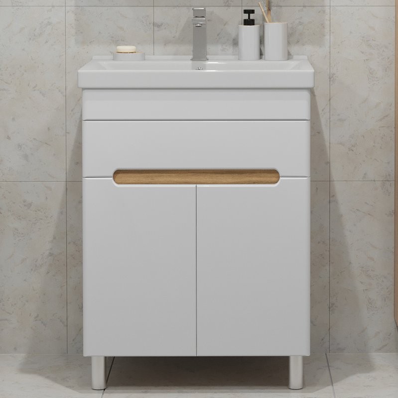 Тумба с раковиной SanStar Модена 60 напольная, глянцевая белая, дуб вотан, раковина Fest 60