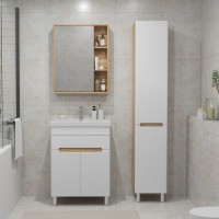 Тумба с раковиной SanStar Модена 60 напольная, глянцевая белая, дуб вотан, раковина Fest 60