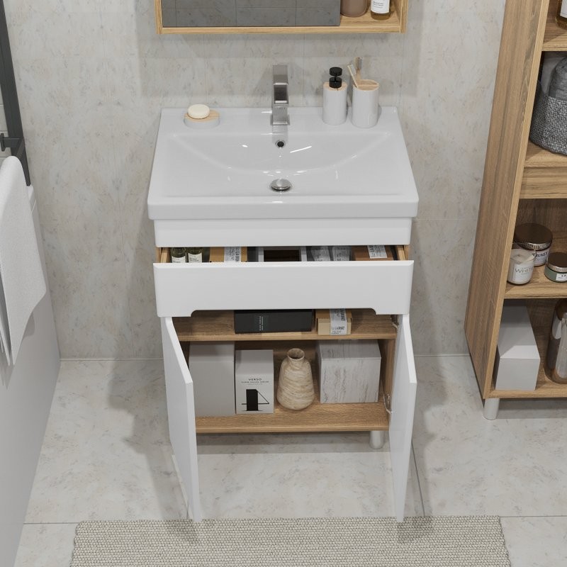 Тумба с раковиной SanStar Модена 60 напольная, глянцевая белая, дуб вотан, раковина Fest 60