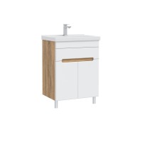 Тумба с раковиной SanStar Модена 60 напольная, глянцевая белая, дуб вотан, раковина Fest 60