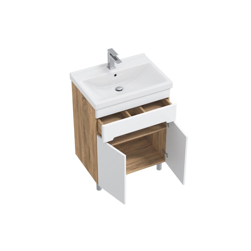 Тумба с раковиной SanStar Модена 60 напольная, глянцевая белая, дуб вотан, раковина Fest 60