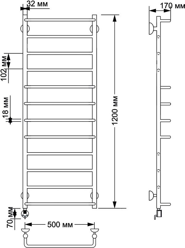 Полотенцесушитель электрический Secado Верона 1 125x55 см, подключение слева, бронза, лесенка, латунь