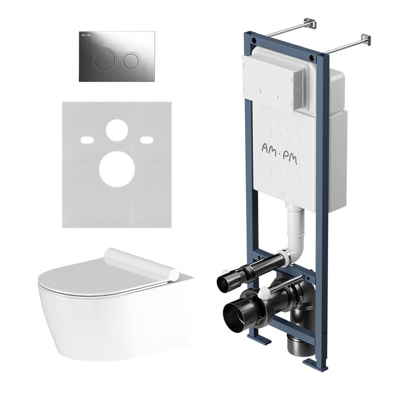 Комплект Унитаз подвесной Damixa Jupiter DX77C1700SC безободковый, с микролифтом + Инсталляция AM.PM ErgoFit I012711.0151 с кнопкой ErgoFit L хром глянец