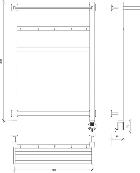Полотенцесушитель электрический Secado Корсико 1 КСП 80x55 см, подключение справа, матовый черный, лесенка, с полкой