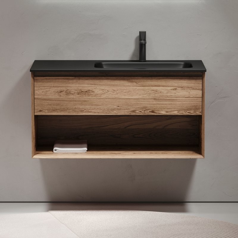 Тумба с раковиной Sancos Marmi 1.0 100 R черная раковина, дуб чарльстон