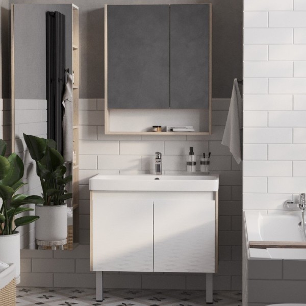 Мебель для ванной комнаты AQUATON Сканди Doors 80 белая, дуб верона, раковина Адриана 80