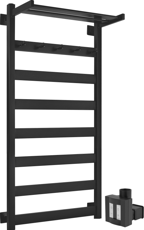 Полотенцесушитель электрический Secado Комано 1 КСП , 105x55 см, скрытое подключение слева, матовый черный, лесенка, с полкой