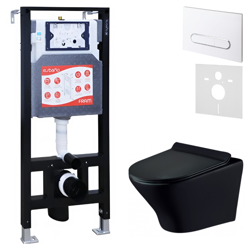 Комплект Унитаз подвесной Esbano Aster ESUPASTEBM матовый черный + Инсталляция Fram + Кнопка ESINOVL17GW