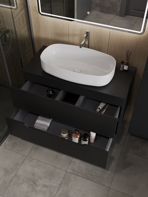 Мебель для ванной комнаты Orange Line 100 подвесная, 2 ящика, матовая черная с раковиной B07-675W