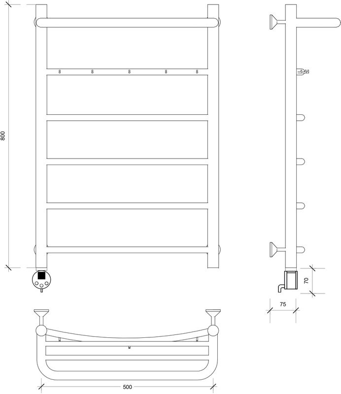 Полотенцесушитель электрический Secado Милан 1 КСП 80x50 см, подключение слева, матовый черный, лесенка, с полкой