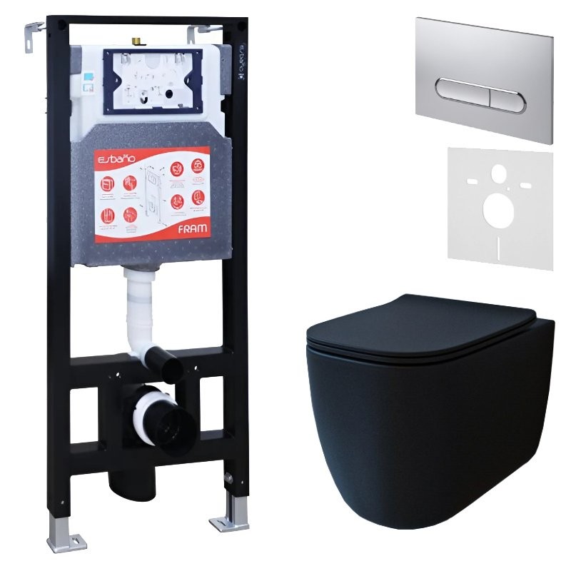 Комплект 3 в 1 Унитаз подвесной Esbano ESUPGARABM + Инсталляция Fram + Кнопка ESINOVL17MC цвет матовый хром