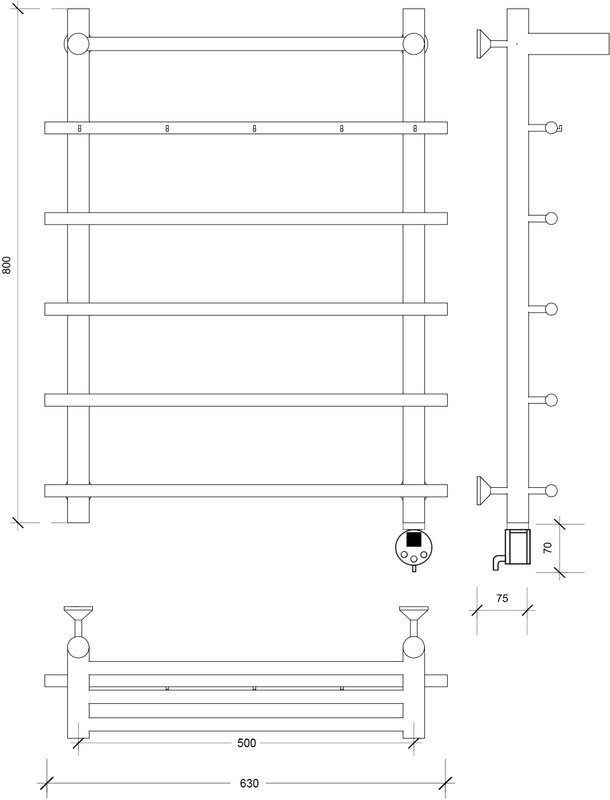 Полотенцесушитель электрический Secado Турин 1 КСП 80x55 см, подключение справа, матовый черный, лесенка, с полкой