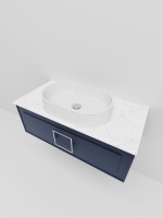 Тумба под раковину со столешницей La Fenice Cubo 100 подвесная, синяя, столешница белый мрамор, ручка белая