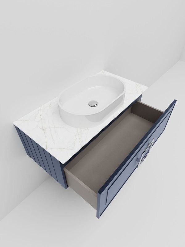 Тумба под раковину со столешницей La Fenice Cubo 100 подвесная, синяя, столешница белый мрамор, ручка белая