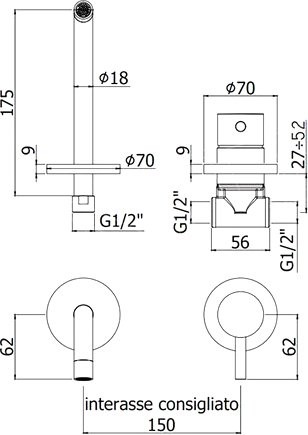 Смеситель для раковины Paffoni Light LIG006ST70 с ВНУТРЕННЕЙ ЧАСТЬЮ  сталь